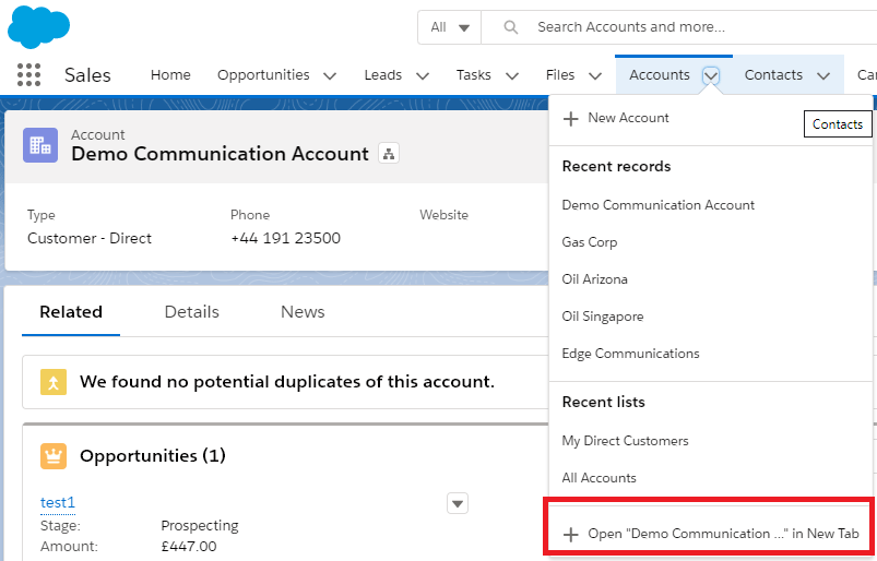 Salesforce open a record in a new Tab